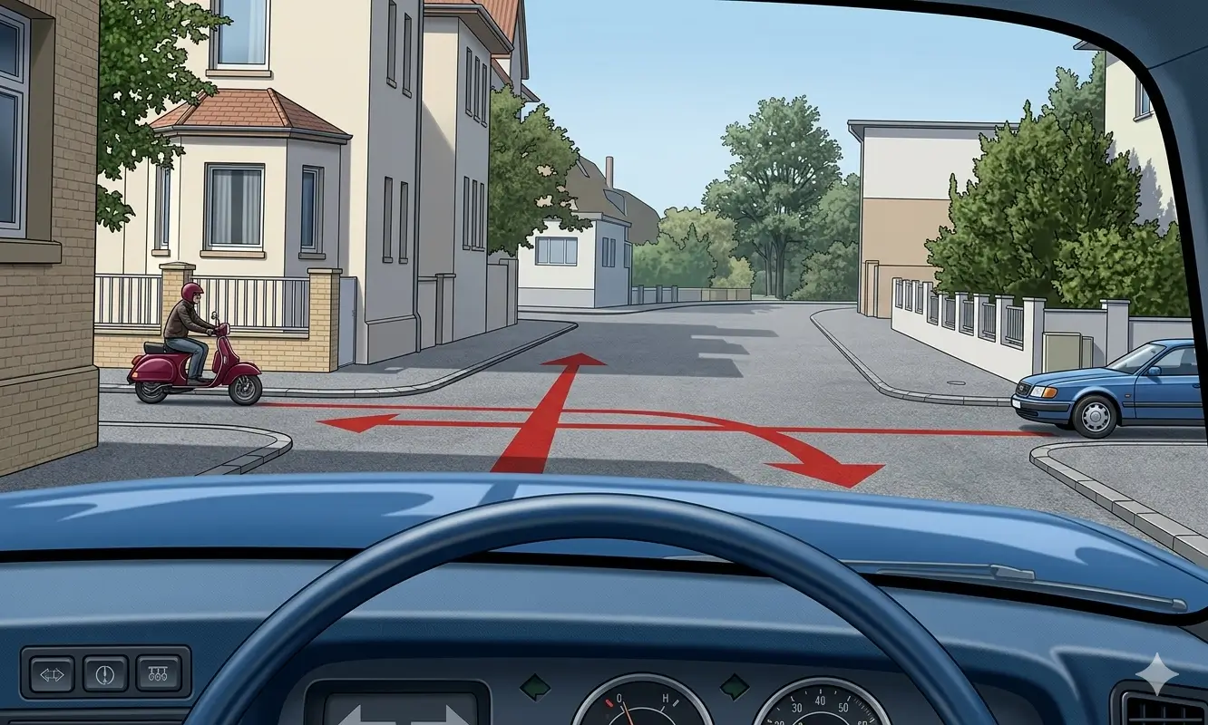 Driver's view at a junction with a motorcycle on the left and a blue car on the right